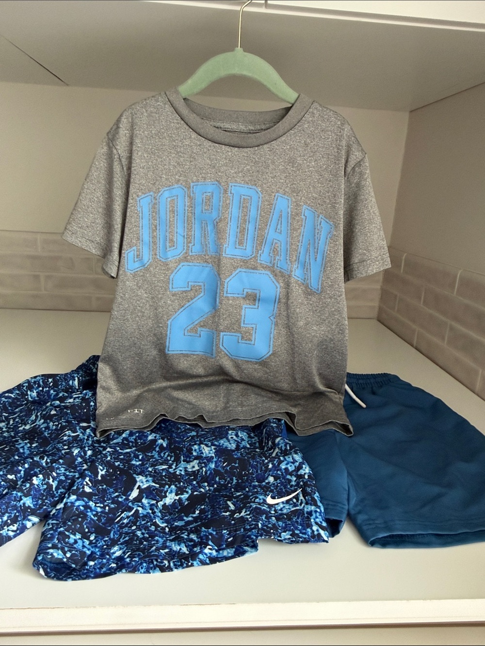 3 Jordan/Nike Pieces- Heather Gray Tee, 2 Blue Shorts kids